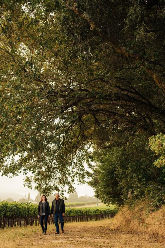 Kristy and Ted walking through the vineyards by a big tree